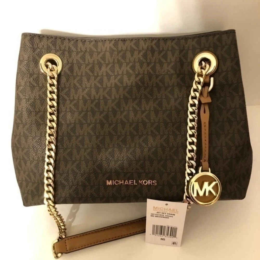 MICHAEL KORS JET SET CHAIN MESSENGER CANVAS LEATHER GOLD HARDWARE MEDIUM rare